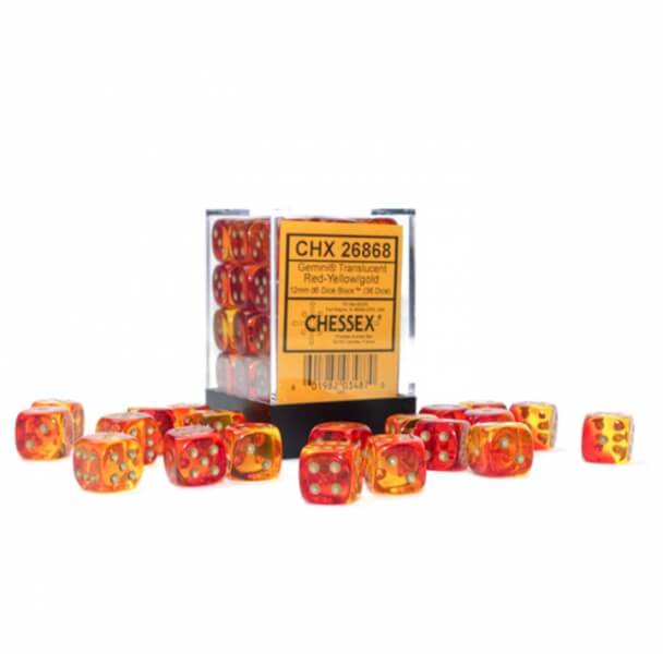 Chessex Gemini 12 mm D6 Transculent Red-Yellow/Gold - 36 pcs