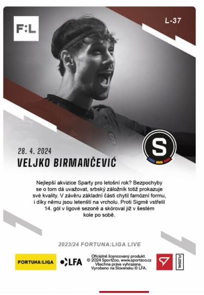 Soccer card Fortuna Liga 23-24 L-37 Veljko Birmančević