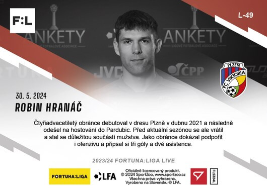 Soccer card Fortuna Liga 23-24 L-49 Robin Hranac