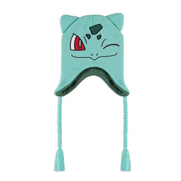Knitted Pokémon Bulbasaur cap over ears