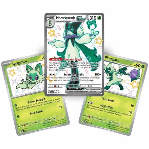 Pokémon cards Paldean Fates Meowscarada evolution 3 cards - Sprigatito, Flirigato and Meowscarada ex