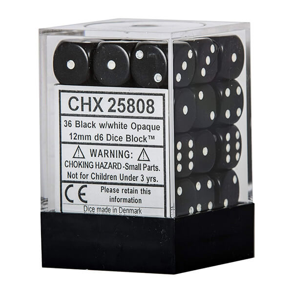 Set of Chessex Black w/White 12mm D6 Dice Blocks (25808) - 36pcs