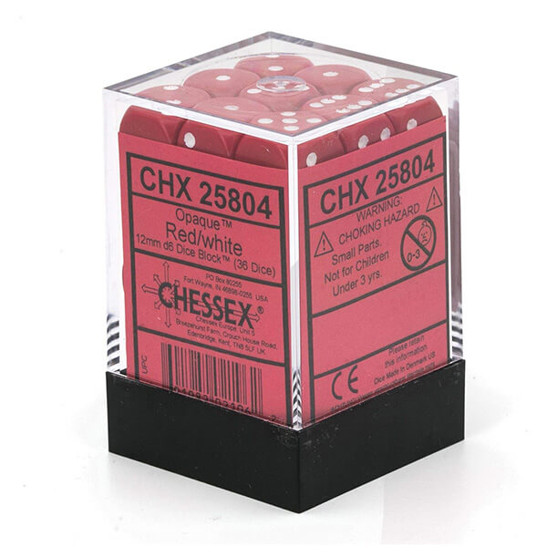 Set of Chessex Red w/White 12mm D6 Dice Blocks (25804) - 36pcs