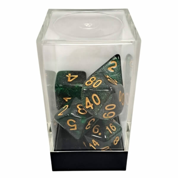 Set of Starry Green-Black/Gold Polyhedral Dice - 7 pieces KAD15449