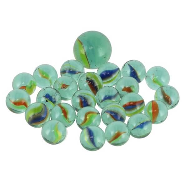 Glass clinking balls of various sizes in a net 24 + 1 balls